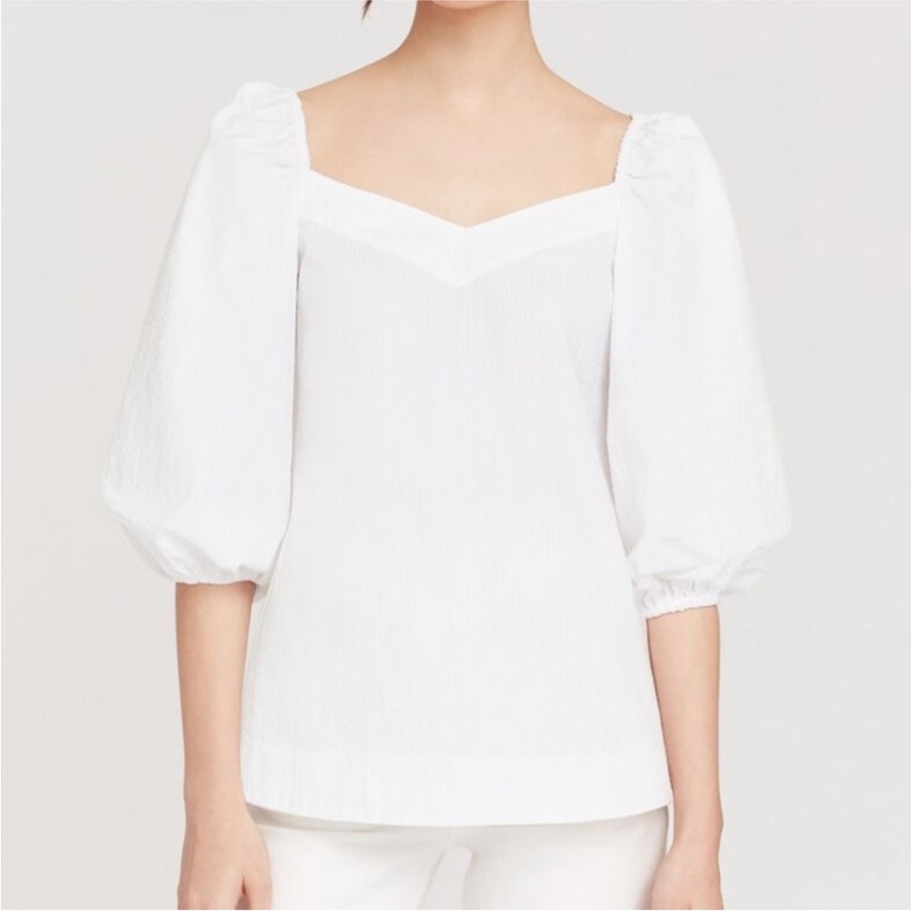Cuyana White Balloon Puff Sleeve Seersucker Sweatheart Neckline Top
